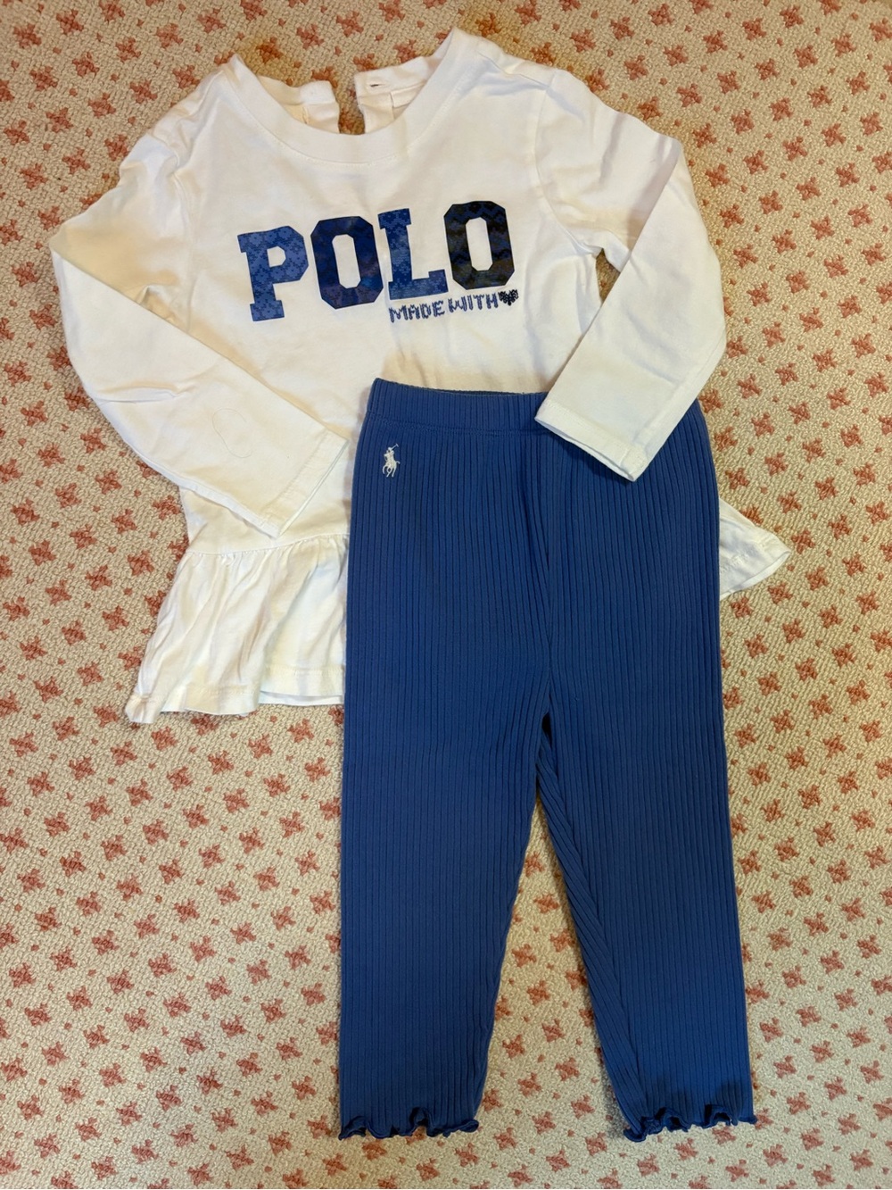 Ralph Lauren White Long-Sleeve 'POLO' Top with Blue Ribbed Leggings